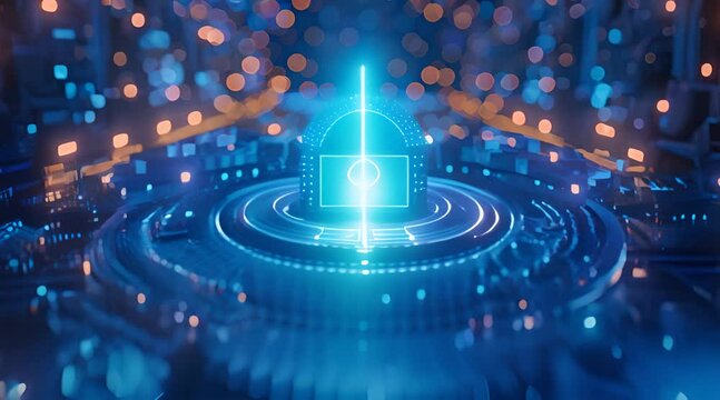 digital lock icon, intricately designed and illuminated in blue, symbolizing robust security features