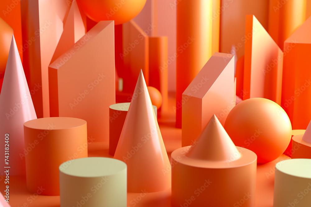Poster A 3D geometric abstraction with a warm color scheme. The shapes are pyramids and cylinders