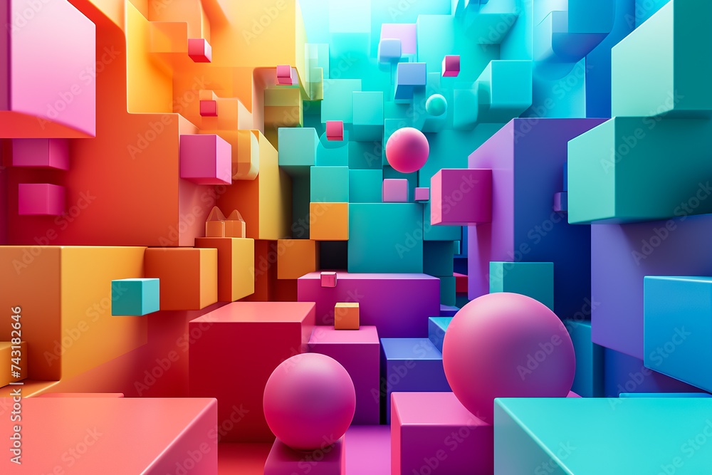 Poster a 3d geometric abstraction with a rainbow color scheme. the shapes are cubes and spheres