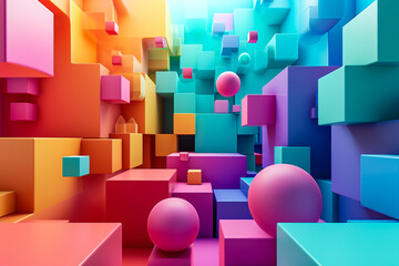 A 3D geometric abstraction with a rainbow color scheme. The shapes are cubes and spheres
