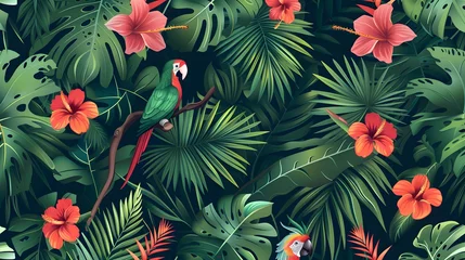 Deurstickers Seamless pattern with exotic trees, flowers and birds. Exotic tropical green jungle palm, leaves with trendy bird background. - VectorTexture for wrapping, textile wallpapers, surface design © Ziyan