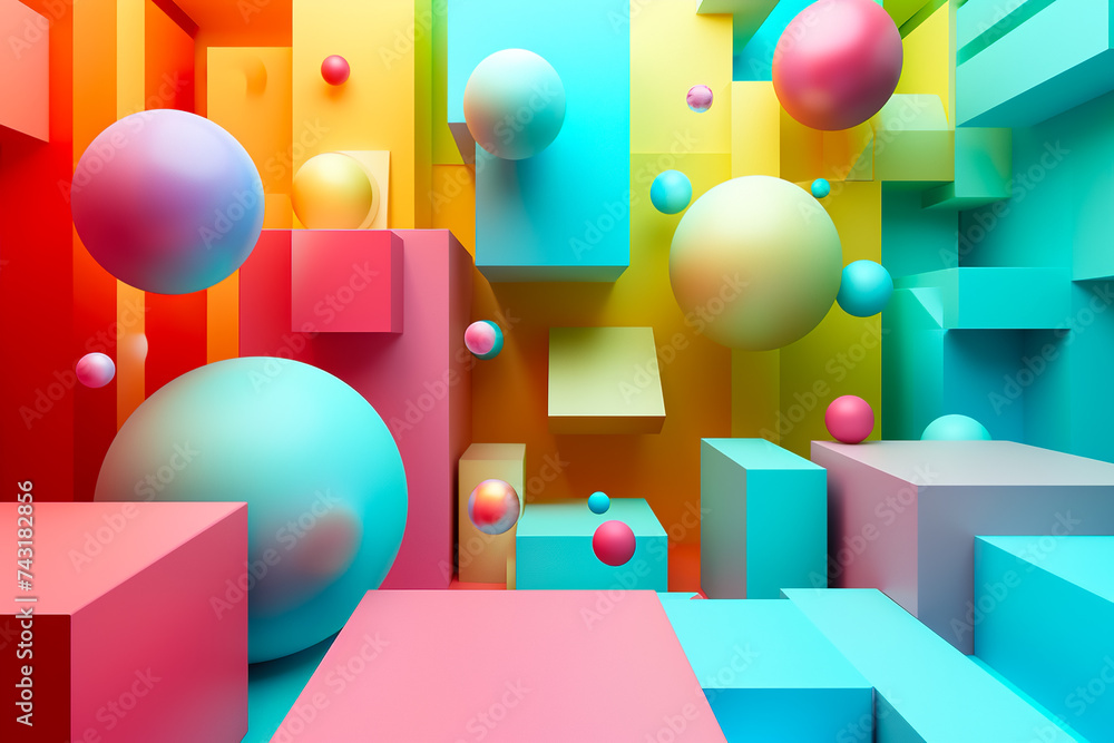 Aufkleber a 3d geometric abstraction with a rainbow color scheme. the shapes are cubes and spheres