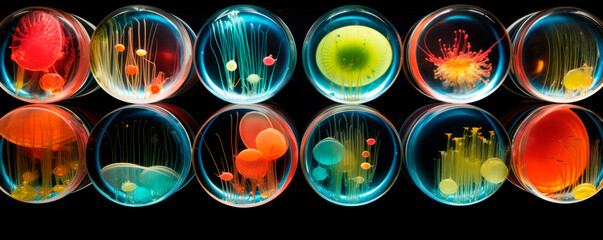 Petri dish art showcasing vibrant microbe colonies; a colorful array of shapes and patterns. The image symbolizes scientific discovery and the beauty of microscopic life.