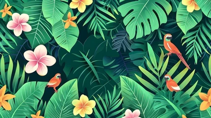 Foto op Plexiglas Seamless pattern with exotic trees, flowers and birds. Exotic tropical green jungle palm, leaves with trendy bird background. - VectorTexture for wrapping, textile wallpapers, surface design © Ziyan