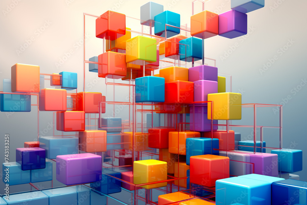 Poster a 3d geometric abstraction with a rainbow color scheme. the shapes are cubes and spheres