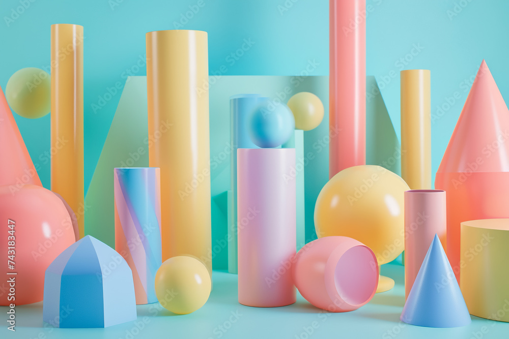 Poster a 3d geometric abstraction with a pastel color scheme. the shapes are cylinders and cones