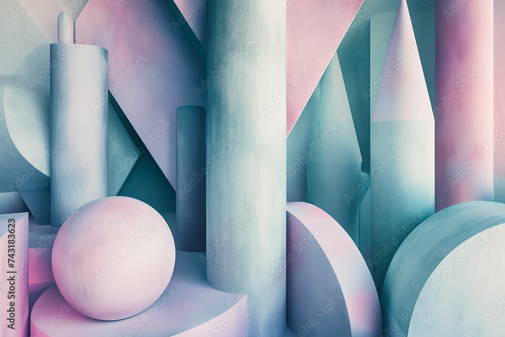 Poster a 3d geometric abstraction with a pastel color scheme. the shapes are cylinders and cones