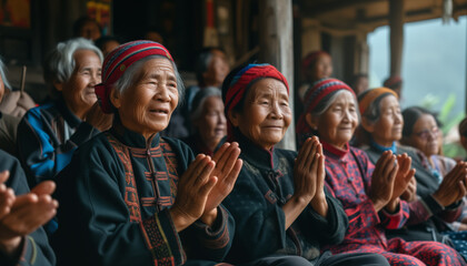 Group of elderly Asian ethnic woman clapping hands at meeting or presentation speech. Generative AI