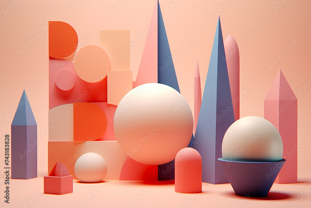 Poster a 3d geometric abstraction with a pastel color scheme. the shapes are cylinders and cones