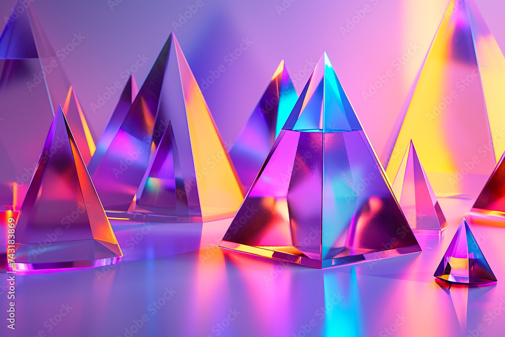 Poster a 3d geometric abstraction with a neon color scheme. the shapes are pyramids and tetrahedrons