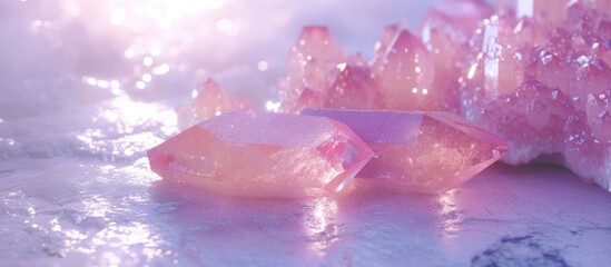 A cluster of vibrant pink quartz crystals rests on top of a table, showcasing their unique beauty and natural elegance. The crystals reflect light, creating a mesmerizing display of color and texture.