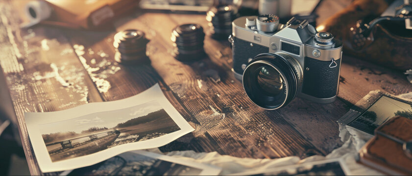 Vintage camera with accessories and monochrome photos on a rustic wooden desk.