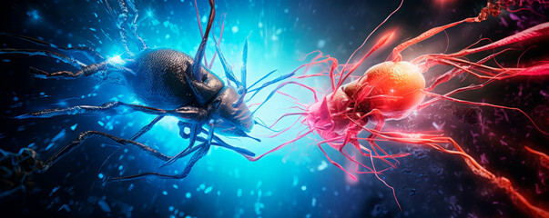 Digital render of vibrant red cells attacked by blue viruses in a high-energy scene, symbolizing infection and defense. Wide-angle, dramatic, thematic.