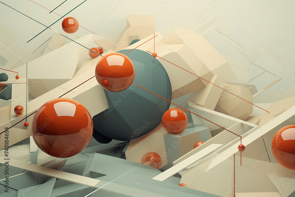 Aufkleber a 3d geometric abstraction with a muted color scheme. the shapes are prisms and spheres