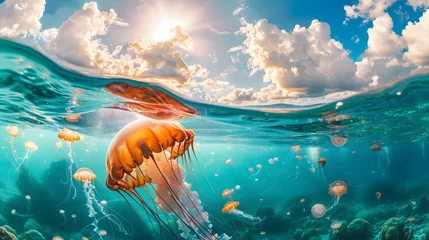Fotobehang Jellyfish in tropical turquoise ocean water in sunny day. Split view above and below water surface. Travel and vacation concept © Ziyan