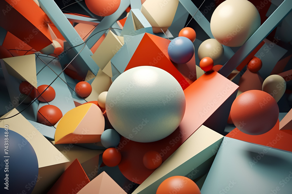 Aufkleber a 3d geometric abstraction with a muted color scheme. the shapes are prisms and spheres