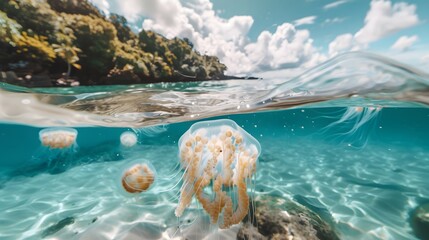 Jellyfish in tropical turquoise ocean water in sunny day. Split view above and below water surface. Travel and vacation concept