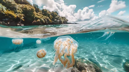 Photo sur Plexiglas Europe méditerranéenne Jellyfish in tropical turquoise ocean water in sunny day. Split view above and below water surface. Travel and vacation concept