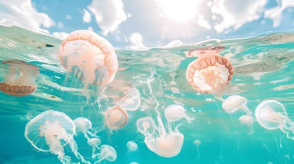 Papier Peint photo Europe méditerranéenne Jellyfish in tropical turquoise ocean water in sunny day. Split view above and below water surface. Travel and vacation concept