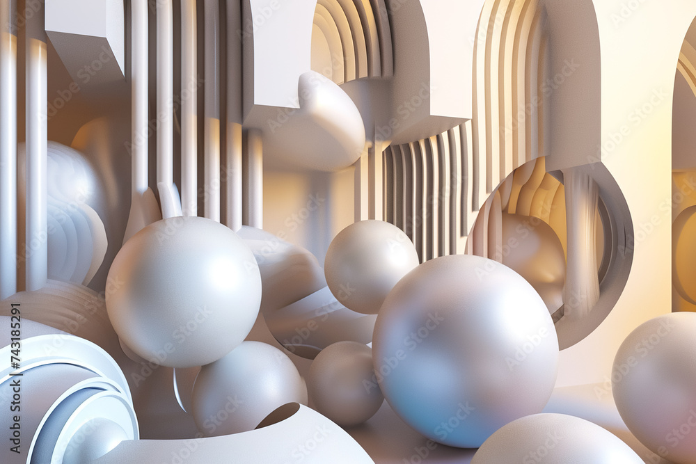 Aufkleber a 3d geometric abstraction with a monochromatic color scheme. the shapes are tori and ellipsoids