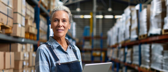 Confident senior female worker in warehouse with tablet, exemplifying expertise and reliability.