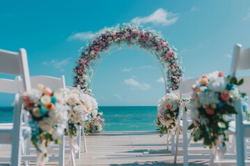Fototapeta na wymiar A picturesque beach wedding setup with a floral arch and decorated chairs overlooking the serene sea.