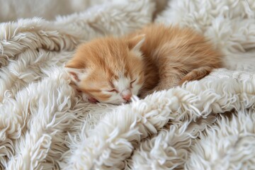Naklejka premium A peaceful orange kitten sleeping comfortably in a soft, fluffy blanket.