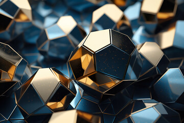 A 3D geometric abstraction with a metallic color scheme. The shapes are dodecahedrons and icosahedrons
