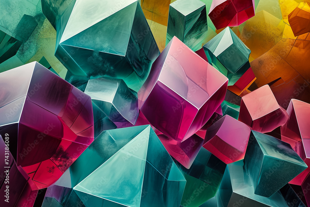 Poster a 3d geometric abstraction with a jewel tone color scheme. the shapes are prisms and octahedrons