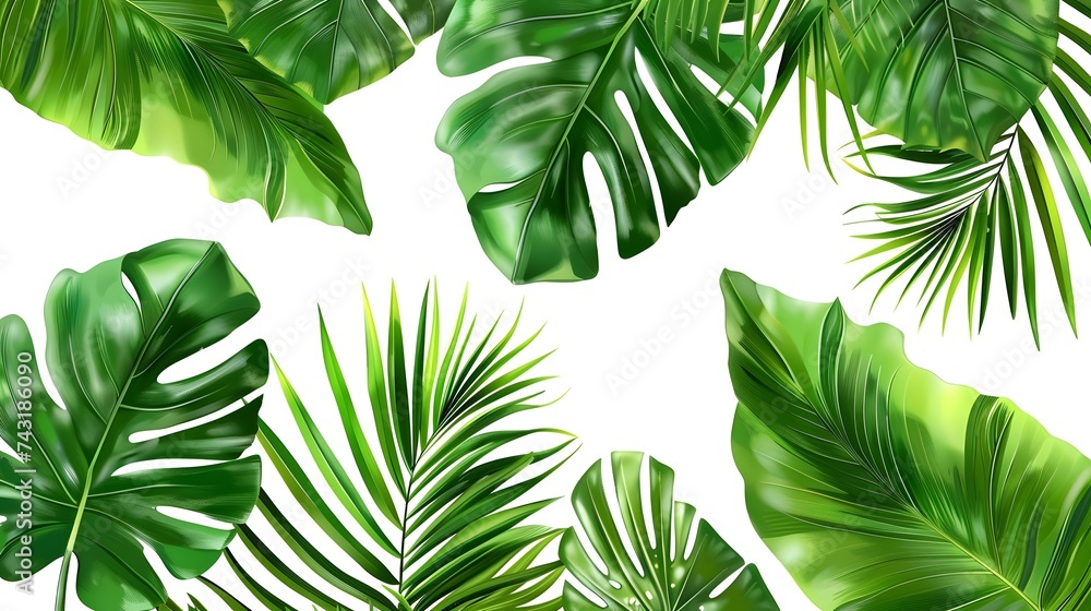 Wall mural vector banner with green tropical leaves on white background. exotic botanical design for cosmetics, - Wall murals