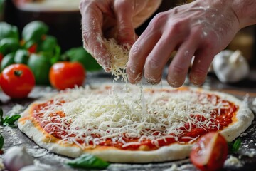 A person sprinkling cheese on a freshly made pizza with tomato sauce and basil.