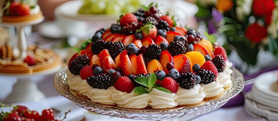 A delicious cake adorned with vibrant fruit toppings is showcased on a decorative table at a festive banquet, appealing to guests with its colorful and appetizing presentation.