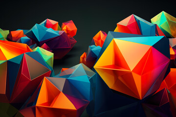 A 3D geometric abstraction with a jewel tone color scheme. The shapes are prisms and octahedrons