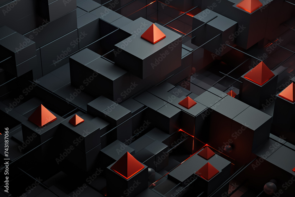 Poster a 3d geometric abstraction with a dark color scheme. the shapes are cubes and pyramids