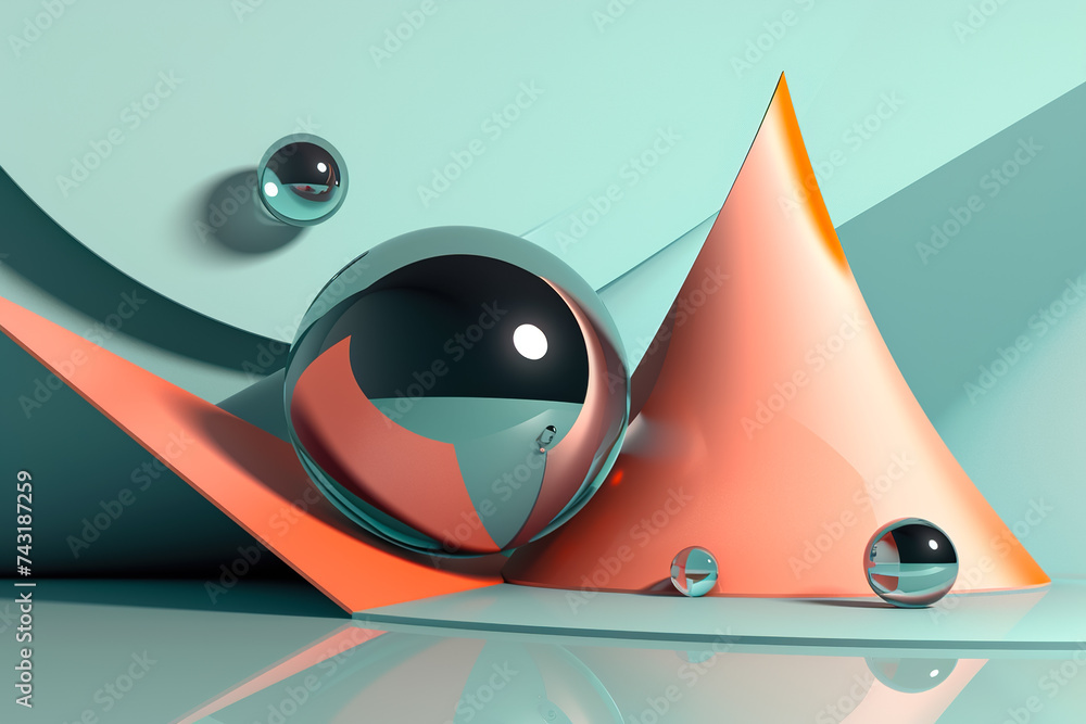 Aufkleber a 3d geometric abstraction with a cool color scheme. the shapes are cones and spheres