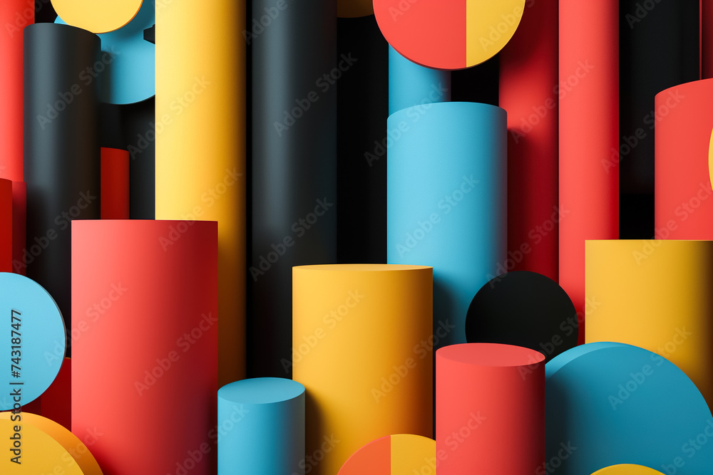 Poster a 3d geometric abstraction with a contrasting color scheme. the shapes are tori and cylinders