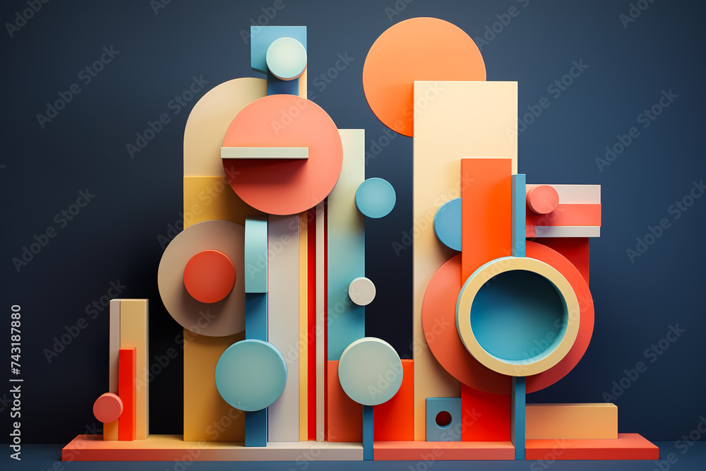 Aufkleber a 3d geometric abstraction with a contrasting color scheme. the shapes are tori and cylinders