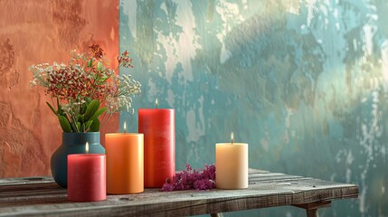A captivating composition unfolds on a table against a vibrant colored wall, where aromatic candles cast a warm and inviting glow. The flickering flames create an ambiance of relaxation - obrazy, fototapety, plakaty
