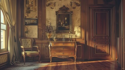 Within a luxurious golden interior, a portion of the room is transformed into a dazzling boudoir adorned with opulent elements. A lavish chest of drawers, ornate mirror, exquisite vases - obrazy, fototapety, plakaty