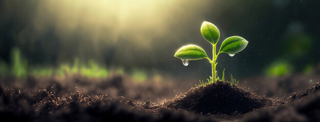Young plant sprouting with water droplets. In this symbol of new beginnings, the sunlight bathes the young seedling, which signifies hope and renewal - obrazy, fototapety, plakaty