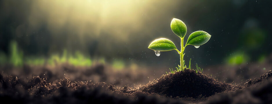 Young plant sprouting with water droplets. In this symbol of new beginnings, the sunlight bathes the young seedling, which signifies hope and renewal