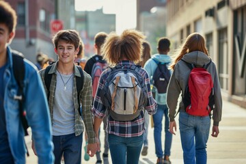 Diverse group of high school students walking to school in morning light, urban student lifestyle and education concept