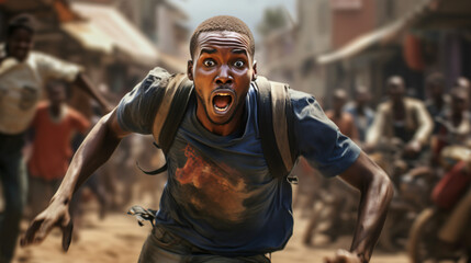 fearful black man running with crowd in the background - obrazy, fototapety, plakaty