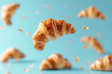 Flying croissants on blue background. Flying food concept