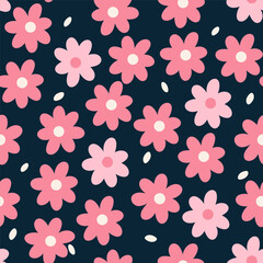 Blossom pink Floral pattern in the blooming botanical Motifs scattered random. Seamless vector texture. For fashion prints. Printing with in hand drawn style dark background