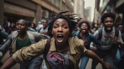 screaming black woman running with crowd in the background - obrazy, fototapety, plakaty