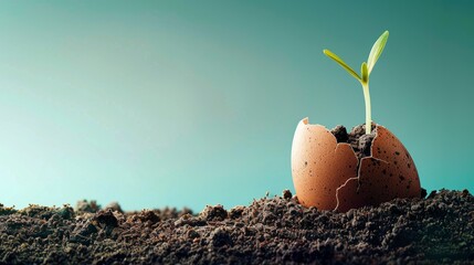 Emergence of Life – Seedling in Eggshell. A young plant sprouts from a cracked eggshell, symbolizing new beginnings on a vibrant teal background. - obrazy, fototapety, plakaty
