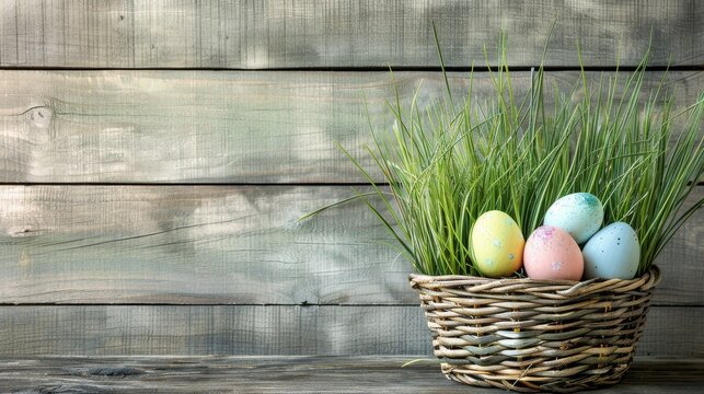 Rustic Easter Charm. Speckled Easter eggs nestled in a woven basket against a weathered wooden backdrop.