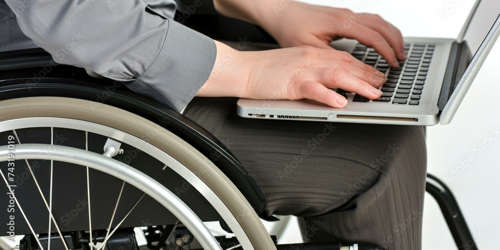 Poster a person in a wheelchair using a laptop computer. generative ai.