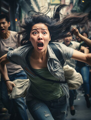 fearful woman running with crowd in the background